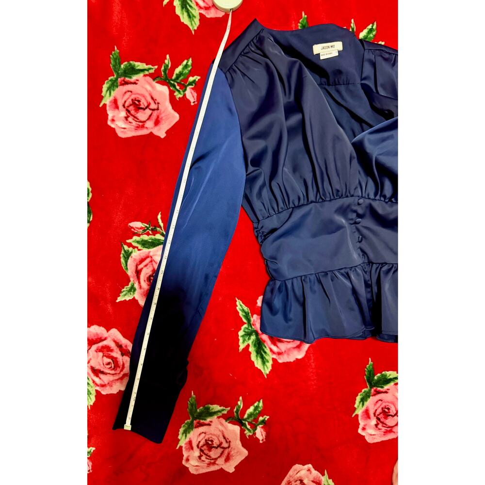 Jason Wu Satin Babydoll Peplum Blouse Small Navy Plunge Holiday Coquette Peasant - Picture 6 of 15